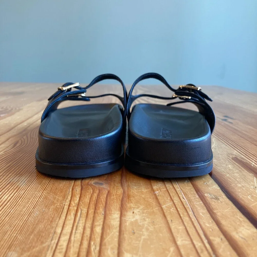 J Crew $198 Black Leather New Colbie Buckle Two Strap Sandals - Size 7 - 1122KP
